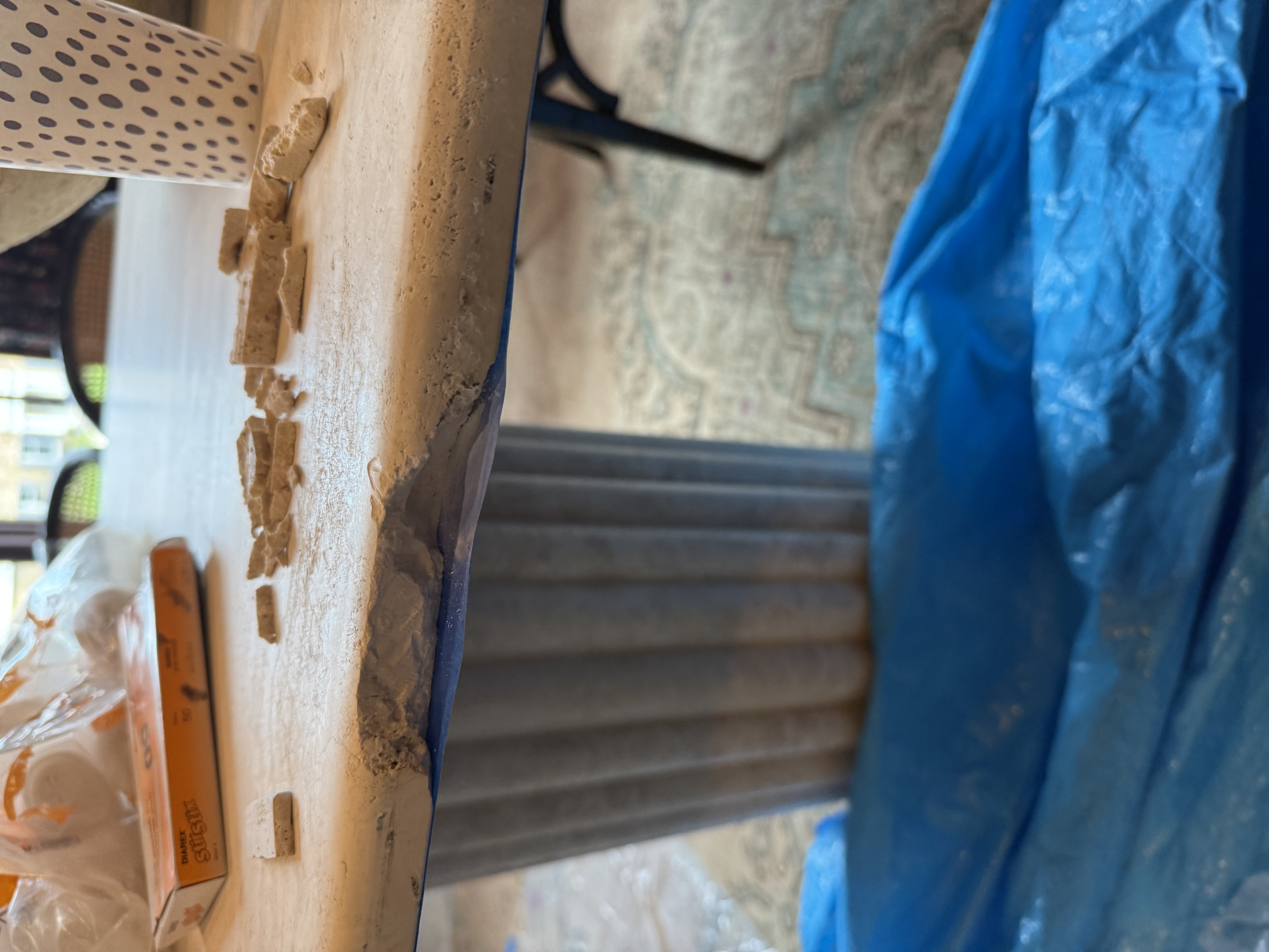 Before — Travertine Table Gouge Repair in Schaumburg